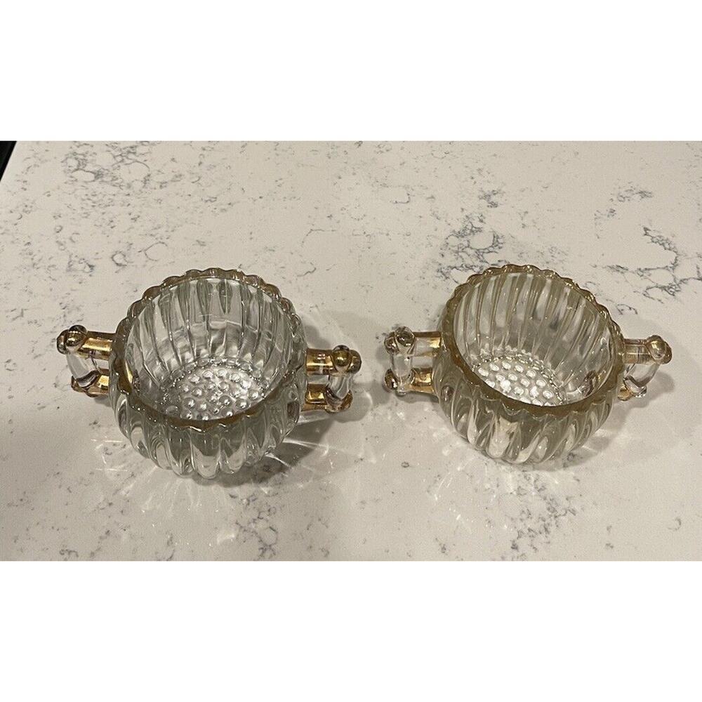 Vintage Jeanette Glass Double Handle (2) Sugar Set Gold Trim 1940s - Picture 5 of 7